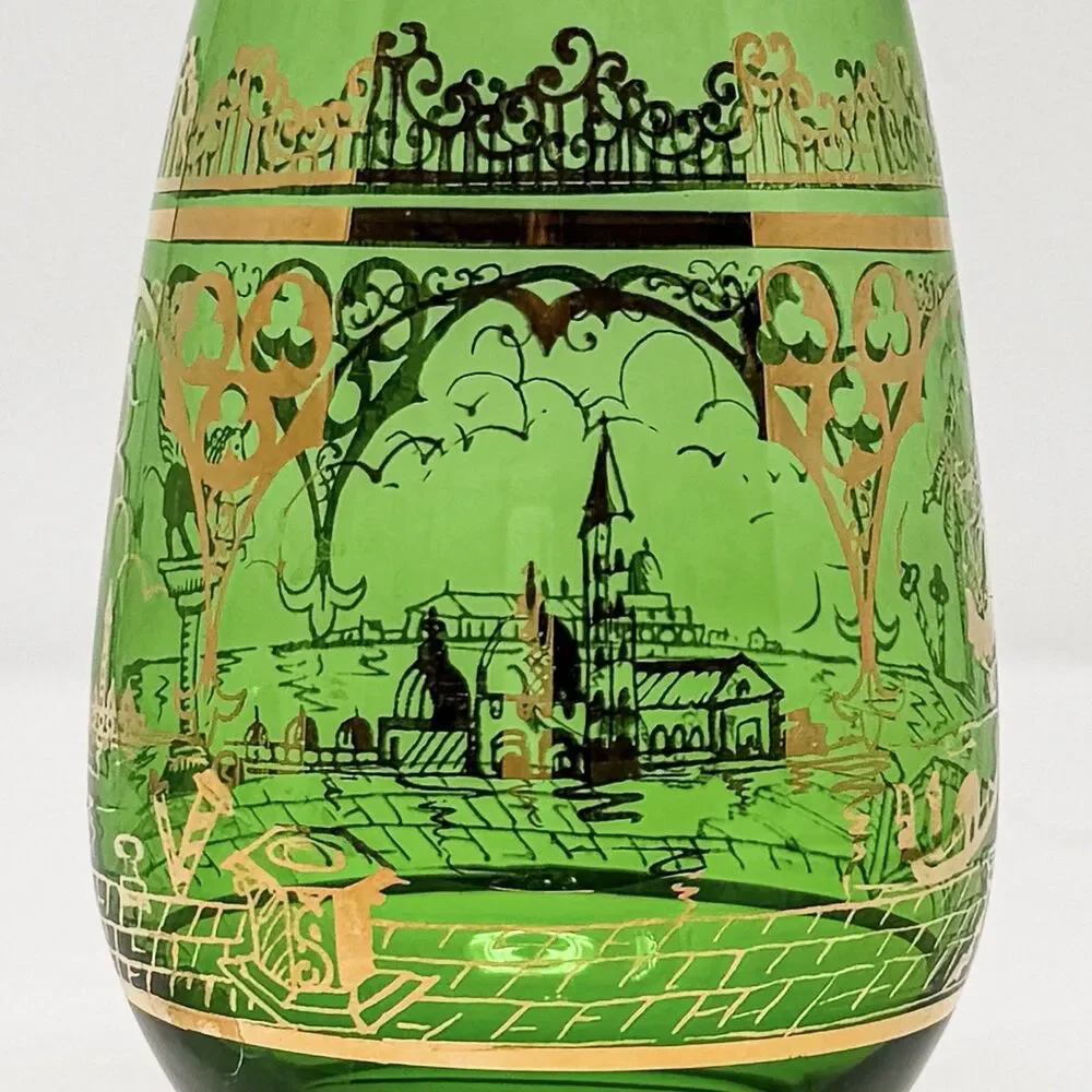 Vintage Bohemian Green Glass Vase Gold Enamel Courting Scene Czech